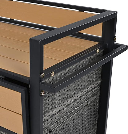 YOPTO 52.8" W Wicker Outdoor Grill Cart with Extended Poly-Wood Table Top - Drop Leaf Design,7 Shelves & Wine Rack,Rolling Kitchen Island on Lockable Wheels,for Patio,Backyard,Poolside & Garden,Grey