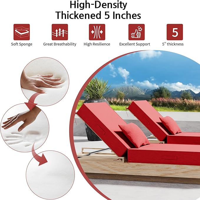 Outdoor Water-Resistant Olefin Chaise Lounge Cushions with Pillow, Weather and Fade Resistant Patio Furniture Lounge Chair Cushion Ideal for Patio, Lawn, Garden, Red, 72" L x 21" W x 5" T