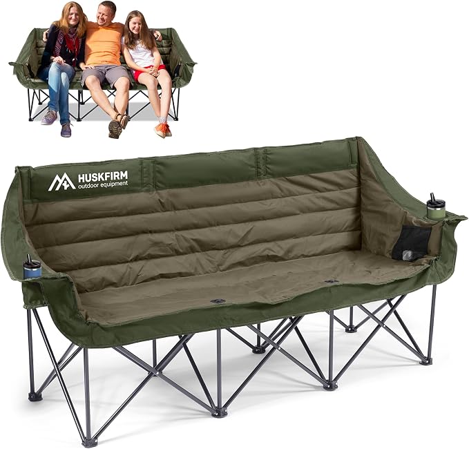 Huskfirm 3 Person Camping Chairs Folding Double Camp Chair for Adults Green | Oversized Loveseat Camping Chair Padded Heavy Duty Camping Couch for Outdoor Lawn with Two Cup Holders and Carry Bag