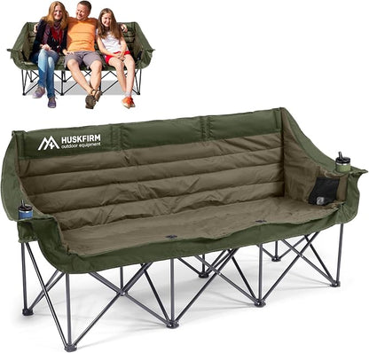 Huskfirm 3 Person Camping Chairs Folding Double Camp Chair for Adults Green | Oversized Loveseat Camping Chair Padded Heavy Duty Camping Couch for Outdoor Lawn with Two Cup Holders and Carry Bag
