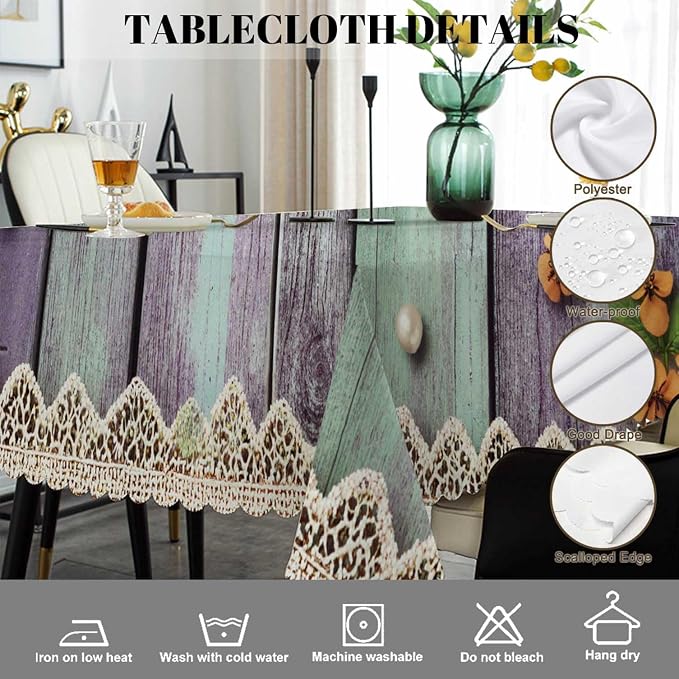 Swono Pearls Table Cloth Old Wooden Flowers Pearls and Lace Rectangle Tablecloth Picnic Table Cover BBQ Table Cloths Polyester for Kitchen Home Camping Patio 50x72 Inch