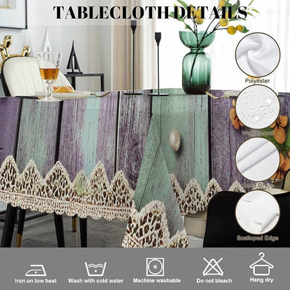 Swono Pearls Table Cloth Old Wooden Flowers Pearls and Lace Rectangle Tablecloth Picnic Table Cover BBQ Table Cloths Polyester for Kitchen Home Camping Patio 50x72 Inch