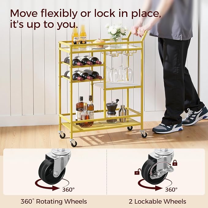 MAHANCRIS Bar Cart for Home, 3-Tier Serving Cart with Glass Top, Beverage Cart with Wine Rack and Glass Holder, Drink Cart with Wheels, for Dining Room, Living Room, Gold and White RCJM71B01