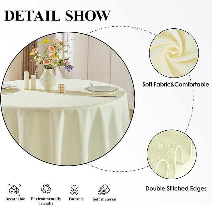 6 Pack Ivory Round Tablecloths 108 Inch for Dining Tables | Washable Decorative Linen Polyester Table Cover for Banquets Buffets Parties and Weddings