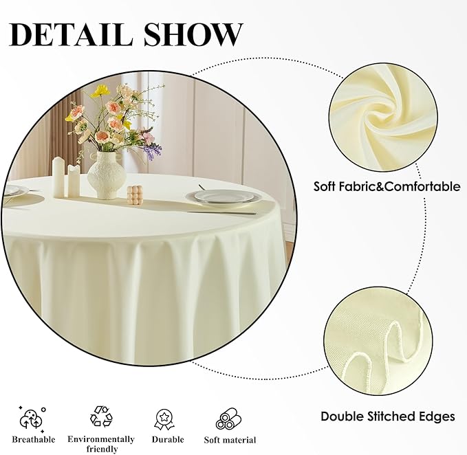 6 Pack Ivory Round Tablecloths 132 Inch for Dining Tables | Washable Decorative Linen Polyester Table Cover for Banquets Buffets Parties and Weddings