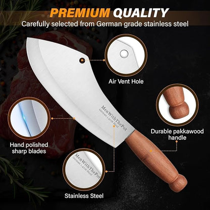 MEN WITH THE POT Meat Cleaver Knife, Hand Forged Ultra Sharp Stainless Steel Butcher Knife with Sheath, Multipurpose Chef Knife for Kitchen Outdoor Cooking Camping BBQ, Gift for Man Women
