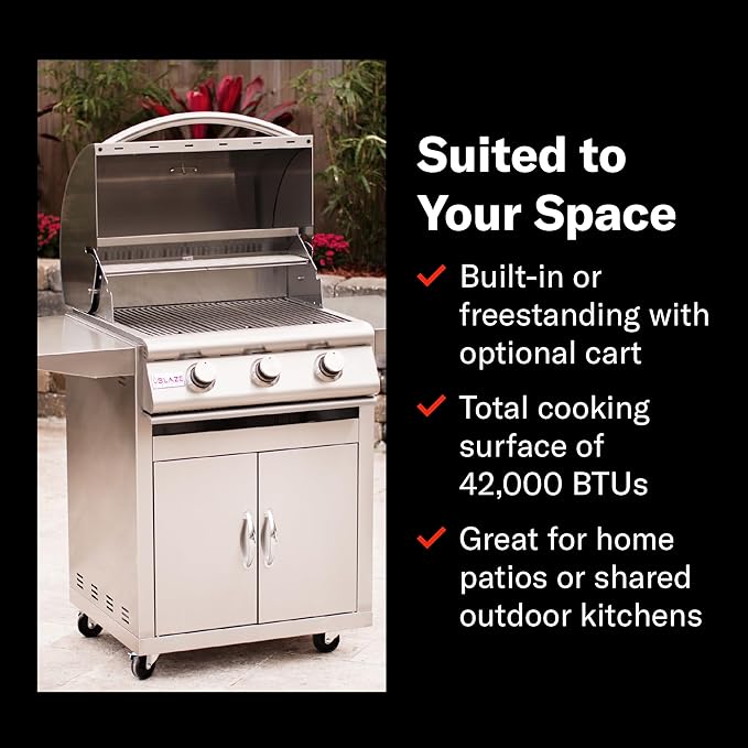 Blaze Prelude LBM Built-In Natural Gas Grill | 25-Inch 3-Burner BBQ with 42,000 BTUs | 304 Stainless Steel Construction | Flame Stabilizing Grids | BLZ-3LBM-NG