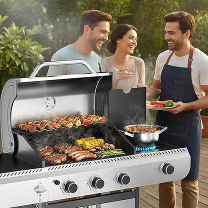 R.W.FLAME 3-Burner Gas Grill with Side Burner, 34000 BTU Propane BBQ Grill, Stainless Steel Outdoor Grill with Porcelain-Enameled Grates for Backyard, Patio, Camping