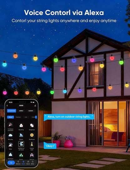 Smart Outdoor String Lights 100ft, RGBW Patio Light with 50 LED Bulb | IP65 Waterproof, 111 Scene Modes, Dimmable Warm White, Individual Control, Outdoor Patio Lights Compatible with Alexa, Google