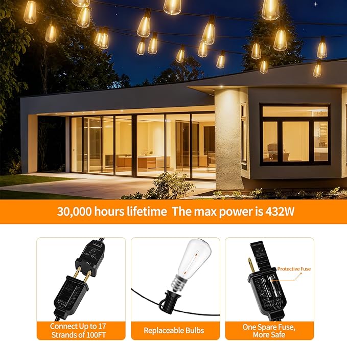 LED Outdoor String Lights 200ft ST38 Waterproof Patio Lights with 106 Vintage Shatterproof Bulbs(6 Spare), Dimmable Outside Hanging Edison String Lights for Backyard Porch Balcony Decor, Warm White