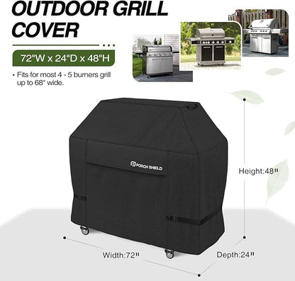 Porch Shield 72W x 24D x 48H inch Premium Gas Grill Cover Up to 68 inch, Waterproof and Fade Resistant 600D BBQ Covers for Weber, Brinkmann, Char-Broil and More, Black
