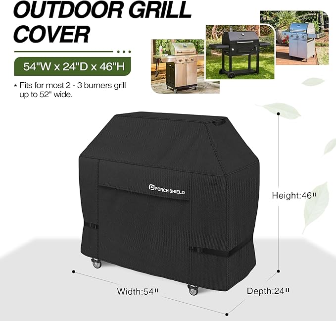 Porch Shield 54W x 24D x 46H inch Premium Gas Grill Cover Up to 52 inch, Waterproof and Fade Resistant 600D BBQ Covers for Weber, Brinkmann, Char-Broil and More, Black