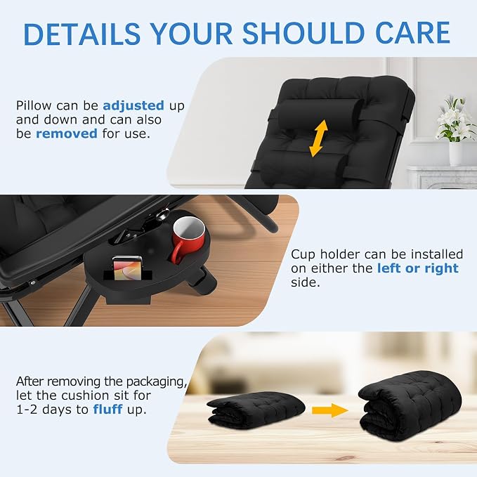 Slendor Zero Gravity Chair, Zero Gravity Lounge Chair with Upgraded Lock and Removable Cushion, Reclining Camping Chair with Cup Holder, Folding Recliner for Indoor and Outdoor, Black