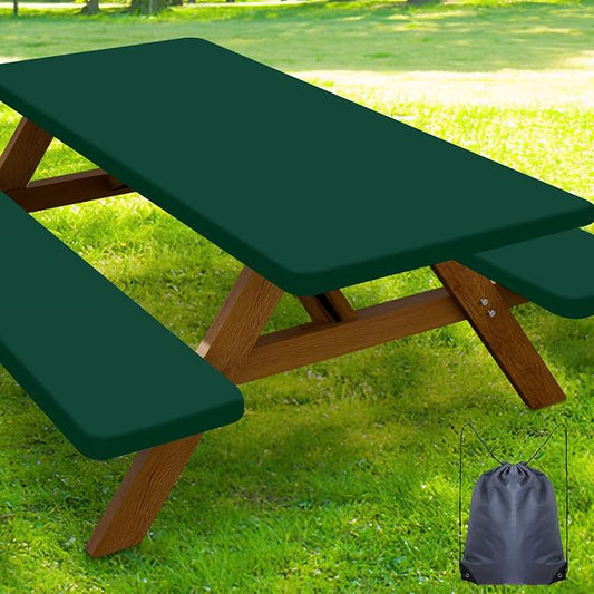 Smiry Picnic Table Cover with Bench Covers, Waterproof Elastic Fitted Polyester Tablecloths for 8 Ft Rectangle Tables, Washable Windproof Tablecloth for Camping, Outdoor (Hunter Green, 30x96 Inches)
