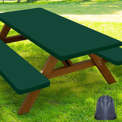 Smiry Picnic Table Cover with Bench Covers, Waterproof Elastic Fitted Polyester Tablecloths for 6 Ft Rectangle Tables, Washable Windproof Tablecloth for Camping, Outdoor (Hunter Green, 30x72 Inches)