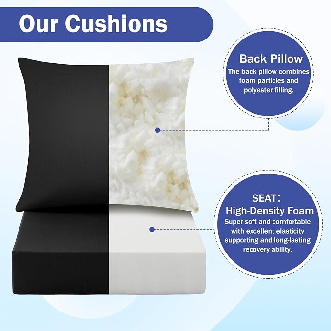 Outdoor Chair Cushions, 24 x 24 Inch Outdoor Cushion for Patio Furniture, Patio Chair Cushion, Waterproof & Fade Resistant Deep Patio Furniture Cushions Set with Handle and Ties, Black (Set of 2)