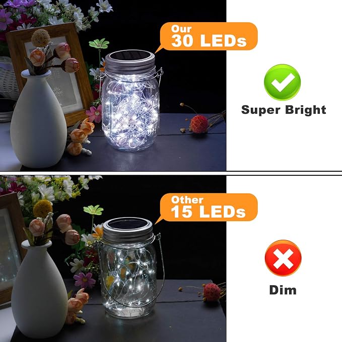 Mason Jar Solar Lights -30 LED, 6 Pack Hanging Lantern, Cool White | Waterproof, Solar Powered Fairy Lights for Indoor Outdoor Garden Patio Pathway Backyard Decor