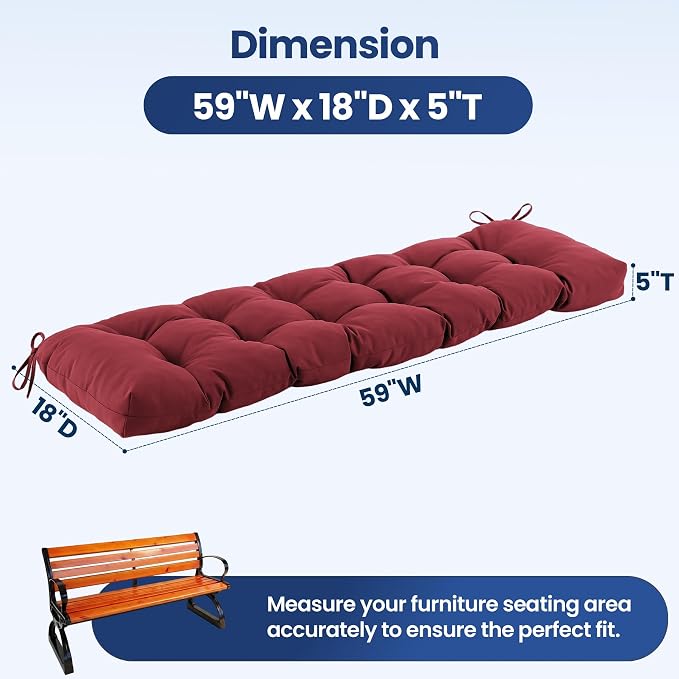IASEAHK Outdoor Bench Cushion 59x18x5 Inch, Waterproof & Fade-Resistant Patio Furniture Cushions, Tufted Memory Foam Indoor/Outdoor Cushions for Couch Swing with Non-Slip Backing & Straps, Burgundy