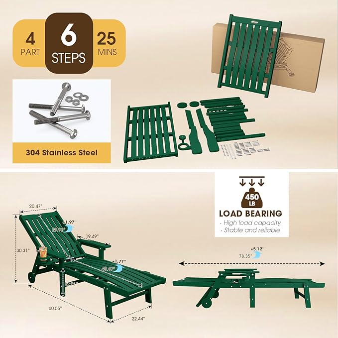 THOEOE Patio Chaise Lounge Chair Set of 2, Oversized Lounge Chair Outdoor with 5 Positions, 78″ Long, HDPE, Patio Lounge Chair with Wheels & Cup Holder for Pool, Deck, Poolside,Green