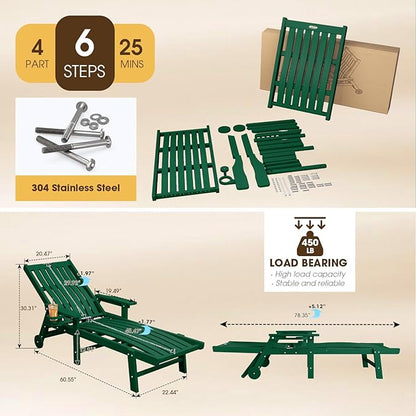 THOEOE Patio Chaise Lounge Chair, Oversized Lounge Chair Outdoor with 5 Positions, 78″ Long, HDPE, Patio Lounge Chair with Wheels & Cup Holder for Pool, Deck, Poolside,Green
