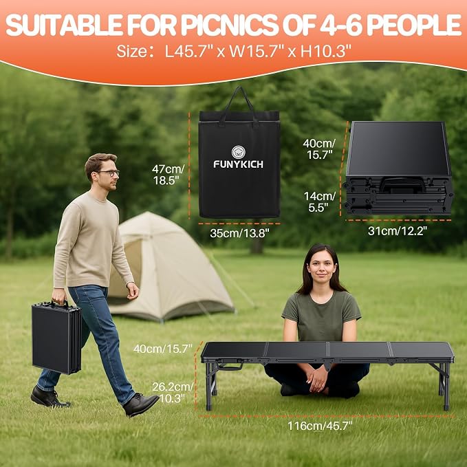 FUNYKICH 4ft Low Folding Picnic Table(45.7''x15.7''x10.3''), Thicker Aluminum Legs Beach Table with Handle & Carry Bag, Lightweight Small Camping Table for Picnic Beach Camping Party, Black