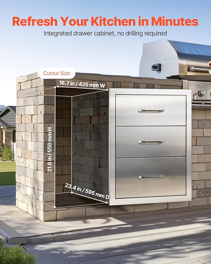VEVOR Outdoor Kitchen Cabinets 18.11"W x 23.23"D x 23.23"H, Triple-Access Stainless Steel BBQ Drawers with Handles, BBQ Island Drawer for Outdoor Kitchens, Barbeque Island Patio Grill Station