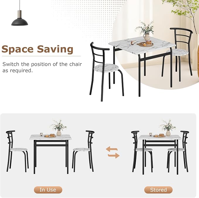 VECELO 3-Piece Dining Table Set for Kitchen Breakfast Nook, Faux Marble Square Tabletop and Metal Frame, for Small Spaces, White & Black