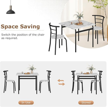 VECELO 3-Piece Dining Table Set for Kitchen Breakfast Nook, Faux Marble Square Tabletop and Metal Frame, for Small Spaces, White & Black