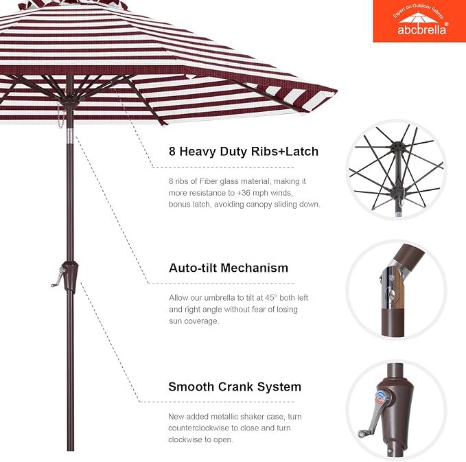 ABCCANOPY OLEFIN® 5-Year No Fading 9FT Patio Umbrella(Burgundy Stripe) | Fade & UV Resistant Fabric,8 Fiberglass Ribs，Wind Vent，Crank Lift & Tilt,Outdoor Table Umbrella for Deck,Backyard,Yard