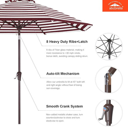ABCCANOPY OLEFIN® 5-Year No Fading 9FT Patio Umbrella(Burgundy Stripe) | Fade & UV Resistant Fabric,8 Fiberglass Ribs，Wind Vent，Crank Lift & Tilt,Outdoor Table Umbrella for Deck,Backyard,Yard