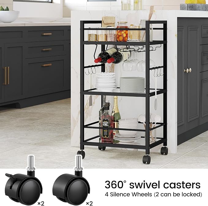 Bar Cart, Serving Cart for Home, Microwave Cart, Drink Cart, Mobile Kitchen Shelf with Wine Rack and Glass Holder, Rolling Beverage Cart for Dining Room, Black