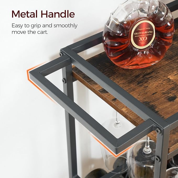 MAHANCRIS Bar Cart for Home, Kitchen Island Cart, Rolling Wine Cart with Glass Holders, 3-Tier Serving Cart with Wine Rack, Beverage Cart and Drink Cart, Rustic Brown and Black RCHR11801