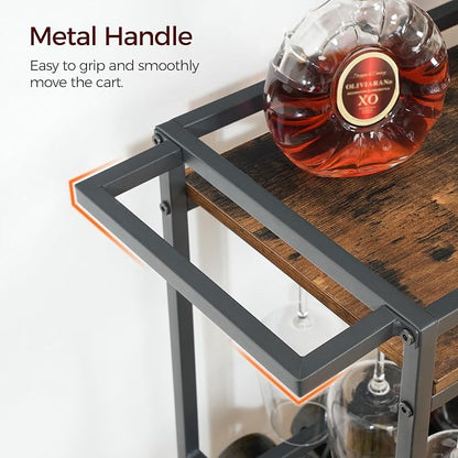 MAHANCRIS Bar Cart for Home, Kitchen Island Cart, Rolling Wine Cart with Glass Holders, 3-Tier Serving Cart with Wine Rack, Beverage Cart and Drink Cart, Rustic Brown and Black RCHR11801