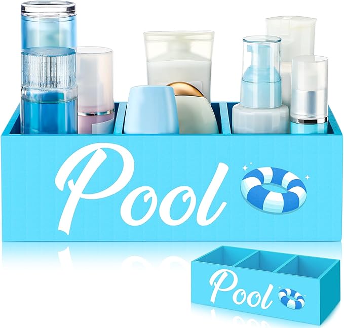 CroBlissful Pool Storage Basket Blue Summer Wooden Box with 3 Compartments Toilet Tank Tray for Indoor Outdoor Swimming Pool Decor Sunblock Sunglasses Beach Toy Storage Box