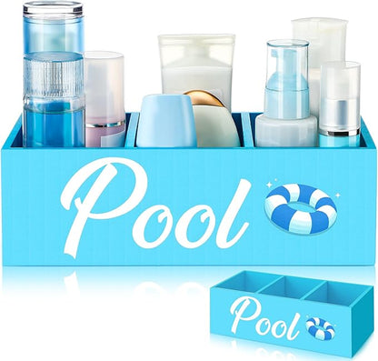 CroBlissful Pool Storage Basket Blue Summer Wooden Box with 3 Compartments Toilet Tank Tray for Indoor Outdoor Swimming Pool Decor Sunblock Sunglasses Beach Toy Storage Box