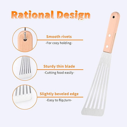 Griddle Spatula Set of 3, Stainless Steel Metal Spatulas for Flat Top Grill, BBQ Turner Set with Wooden Handles, Solid & Slotted Pancake Flippers for Smash Burgers, Fish, Teppanyaki and Cast Iron