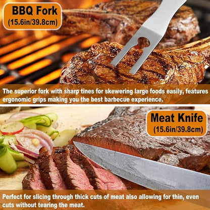 POLIGO 26Pcs Exclusive BBQ Grill Accessories in Aluminum Case for Birthday Fathers Day Grilling Gift - Grill Utensils Set with Barbecue Claws, Meat Injector, Thermometer for Smoker, Camping BBQ Black