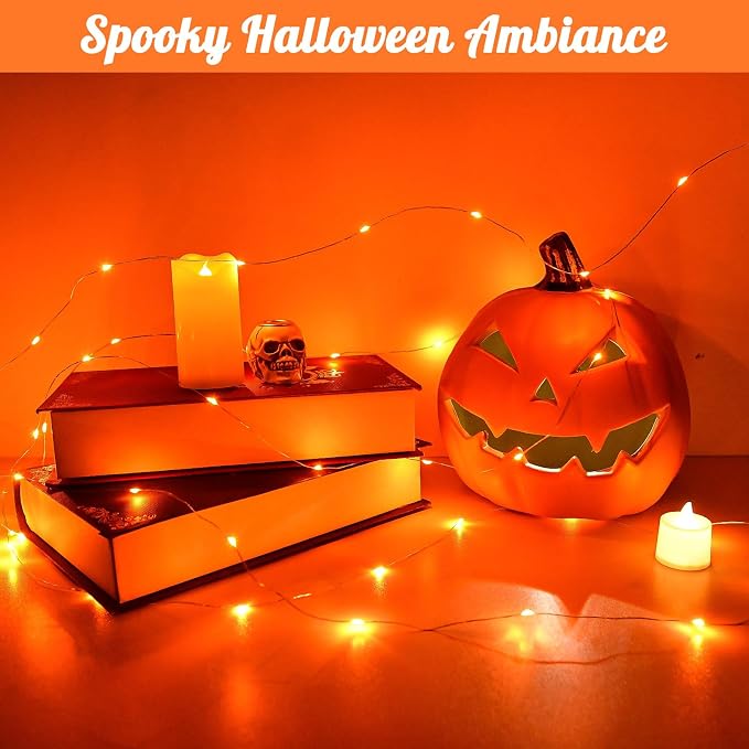 cshare Halloween String Lights Outdoor Waterproof, Orange Solar Fairy Lights 16.4ft 50LED 8 Modes Orange Fall Outdoor Lights for Fall Decor Outside Pathway Patio Party Backyard Decorations (Pack of 2)