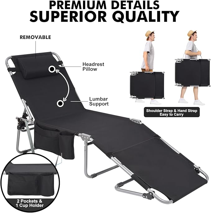 Wheel-To-Go Tanning Chair with Wheels & Sun Canopy Umbrella & Face Hole | Portable Heavy Duty Folding Lounge Chair | Outside Sunbathing Reading Beach Poolside Lawn | Lay Flat | 300 LBS (Patent Design)