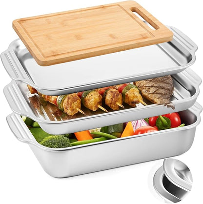 4 Pcs Grill Prep Trays Set Stackable Stainless Steel Grilling Prep and Serve Tray Includes 2 Deep Grill Platter, Shallow BBQ Serving Tray and Bamboo Cutting Board for BBQ Outdoor Grilling