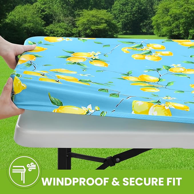 Smiry Spandex Fitted Tablecloth for 8 Foot Rectangle Tables, Washable Picnic Table Cover with Elastic, Stretch Reusable Table Cloth for Outdoor, Camping, Dining & Kitchen (Lemon, 30"x96")