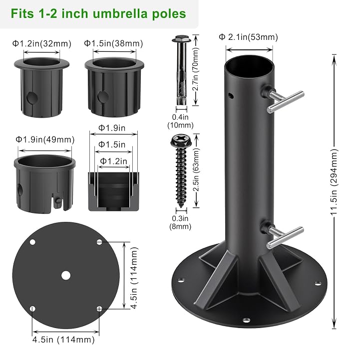 Dolibest Heavy Duty Deck Mount Umbrella Holder with Plastic Sleeve, Fully Welded Steel Patio Umbrella Base up to 2'' Poles, Outdoor Umbrella Stand for Patio Table, Balcony, Decks, Docks (Enhanced)