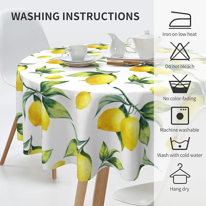Sweetshow Lemon Tablecloth Round 60 Inches for Spring Summer Yellow Lemon Table Cloth Polyester Anti-Wrinkle Washable Circle Table Cover for Kitchen Dining Room Picnic Patio Wedding Party