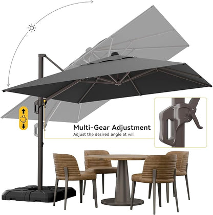 10x10FT Cantilever Outdoor Umbrella with Base, 360° Rotating Large Offset Square Patio Umbrella, Ideal for Garden Backyard Deck Courtyard, Grey