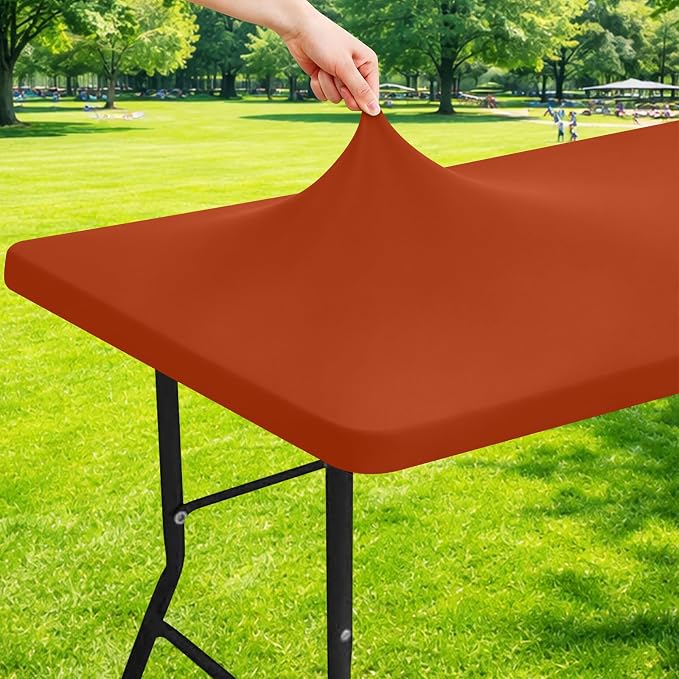Moosfor Spandex 4 Foot Rectangle Thanksgiving Table Cloth, Elastic Fitted Tablecloths for Picnic, Stretch Washable Patio Table Cover for Outdoor, Camping, Banquet and Parties (Rust, 30"x48")