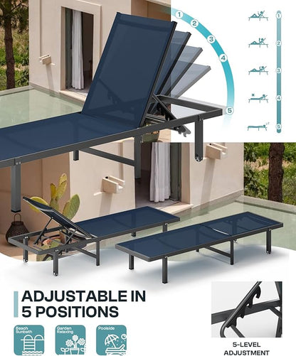 Aluminum Outdoor Lounge Chairs Set of 2, Pool Lounge Chairs with Wheels and 5-Position Recliner -Easy to Move- Patio Chaise Lounge Outdoor for Poolside, Deck, Beach (NavyBlue)