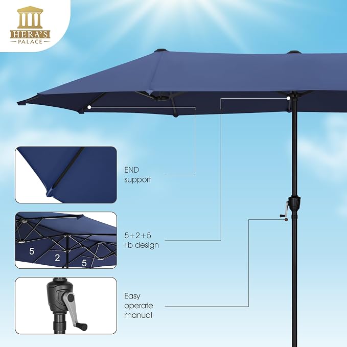 HERA'S PALACE 13 ft Large Patio Umbrella, Double-Sided Twin, Outdoor Market Umbrella with Crank Handle, Powerful UV Protective, Navy Blue