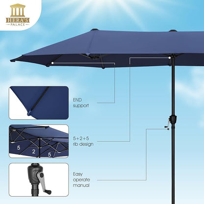 HERA'S PALACE 13 ft Large Patio Umbrella, Double-Sided Twin, Outdoor Market Umbrella with Crank Handle, Powerful UV Protective, Navy Blue