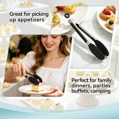 Small Cooking Tongs 7 inch Mini Serving Tongs with Silicone Tips, Set of 3 (Black + Grey + White)