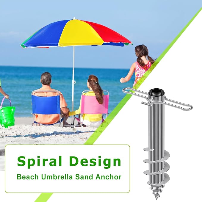 Dolibest Beach Umbrella Sand Anchor, Heavy-Duty Steel Beach Umbrella Holder with 3 Sleeves (Fits 1-2" Poles), Windproof Beach Umbrella Stake, Fully Welded Spiral Base Design for Ultimate Stability